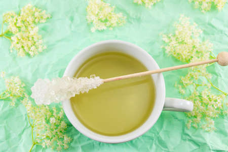 Elderflower tea in a white cup and elder flowersの写真素材
