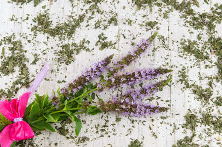 Mint tea herbs with flowers on a wooden table