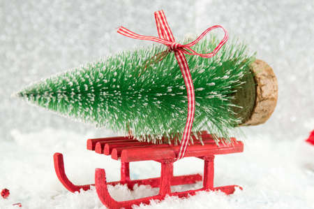 Red winter sleigh carrying a small Christmas treeの写真素材