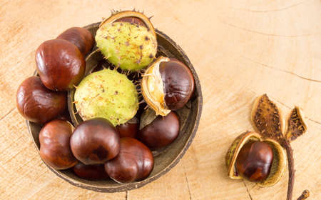 Wild chestnuts with leaves on a wooden background