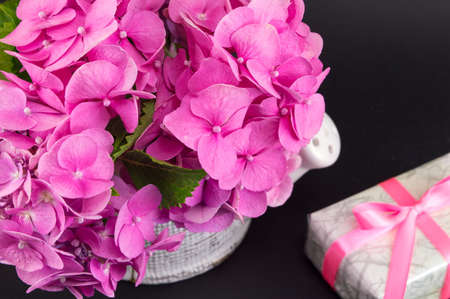 bunch of hortensia pink flowers and a present boxの写真素材