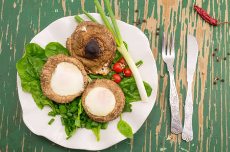 egg stuffed mushrooms on a plate on a vintage green tableの写真素材