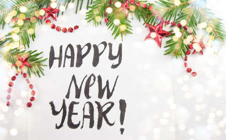 Happy New Year card with Christmas decorationsの写真素材