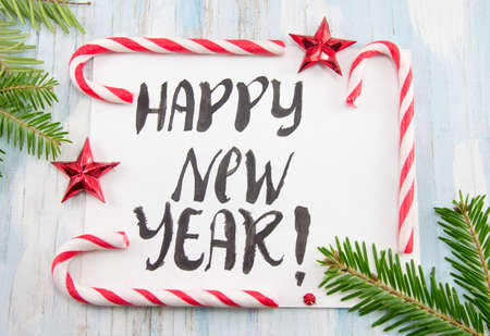 Happy New Year card with Christmas decorationsの写真素材