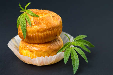 Cannabis cupcake muffins and leaves in paper cupsの写真素材