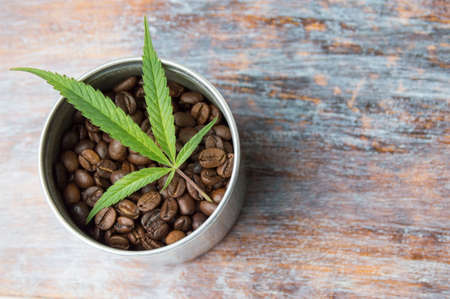 Marijuana leaf and roasted dark coffee beansの写真素材