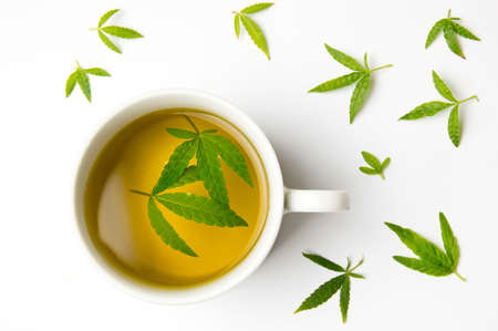Marijuana herbal tea and green cannabis leavesの写真素材