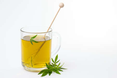 Cannabis herbal tea and green marijuana leavesの写真素材