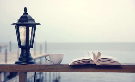 Book and coffee time on the deck by the seasideの写真素材
