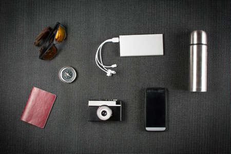Basic equipment for modern travel top view