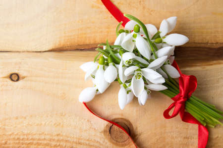 Snowdrops bouquet on a natural wooden boardの写真素材