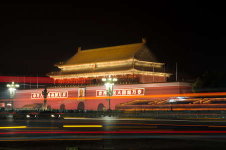 BEIJING, CHINA - SEPTEMBER 26 2016: The Gate of Heavenly Peace at Tiananmen square, night view with light trailsのeditorial素材
