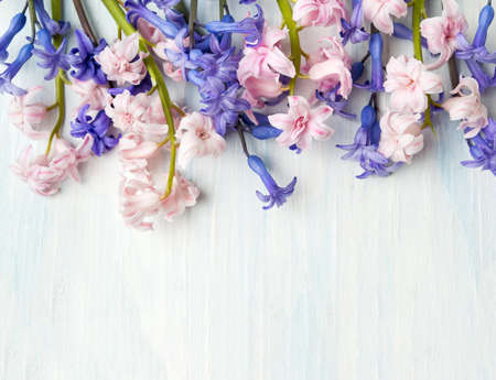 Colorful hyacinth flowers on a wooden tableの写真素材