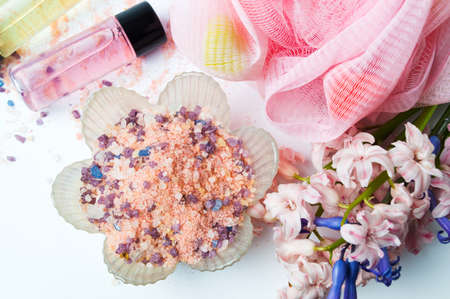 Spa essential collection with bath salt and essential oilsの写真素材