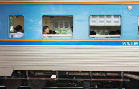 HUA HIN, THAILAND - OCTOBER 24, 2016: People sitting in the third class train to start their journeyのeditorial素材