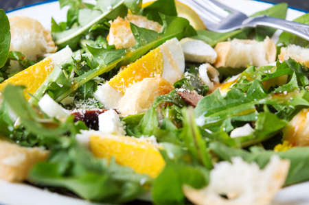 Dandelion leaves natural meal salad on a plateの写真素材