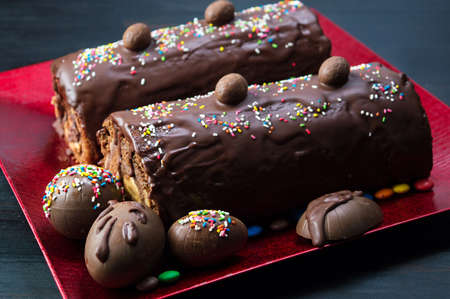 Homemade chocolate cake with candy eggs on a trayの写真素材