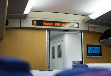GUANGZHOU, CHINA - MAY 3, 2017: Speed monitor in Chinese highway high speed train. The train mostly...