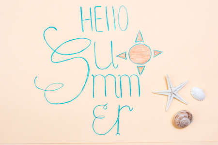Hello Summer calligraphy card with sea star and shells