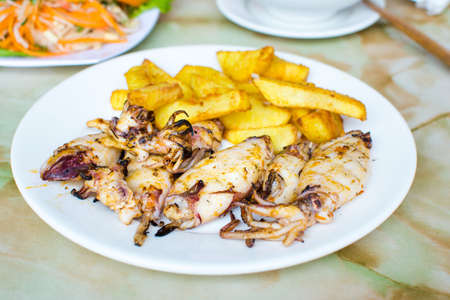 Grilled squid with french fries on a plate. Seafood mealの写真素材