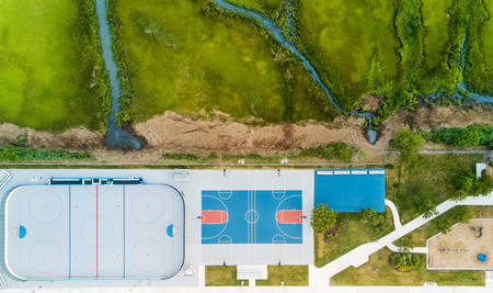 Sports terrains with nice green environment, aerial viewの写真素材