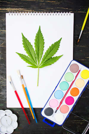 Marijuana leaf and colorful drawing equipmentの写真素材
