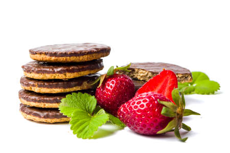Strawberry biscuits and fruit isolated on whiteの写真素材