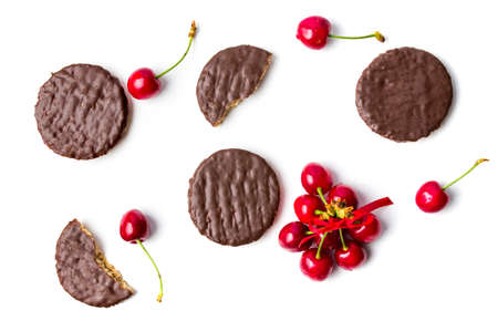 Cherry biscuits and fruits flatlay isolated on whiteの写真素材