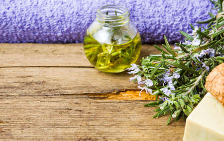 Rosemary oil and soap for herbal wellness treatmentの写真素材