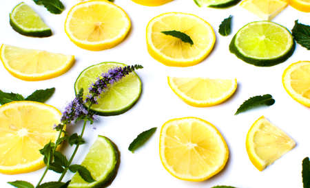 Lemon and lime slices with mint leaves on whiteの写真素材
