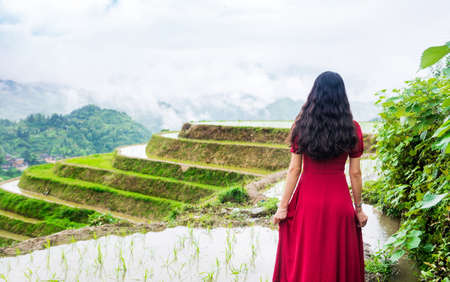 Girl in red dress enjoying rice terrace viewpointの写真素材