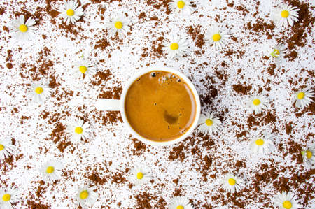 Cup of coffee with chamomile flowers on white, flat layの写真素材