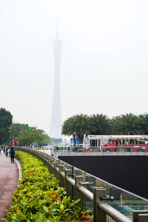 GUANGZHOU, CHINA - APRIL 24, 2017: Guangzhou Canton tower hidden in the fog on a overcast and humid dayのeditorial素材