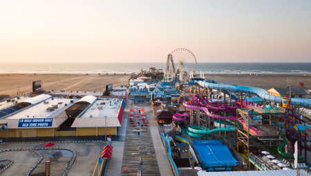 WILDWOOD, NEW JERSEY, USA - SEPTEMBER 5, 2017: Aerial view of the the Moreys Piers and Beachfront Water Parks complex in Wildwood, New Jearsey on the Atlantic ocean beachのeditorial素材