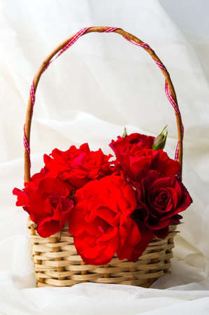 Red roses bouquet in a wciker basket on whiteの写真素材