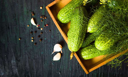 Fresh cucumbers on a rustic wooden tableの写真素材