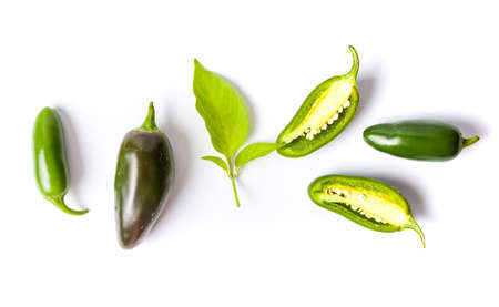 Green jalapenos peppers on white background isolatedの写真素材