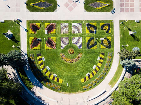 Decorated city garden with flower top aerial viewの写真素材