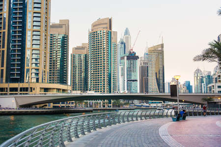 Dubai marina view at dusk with modern skyscrapers and calm waterのeditorial素材