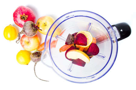 Healthy smoothie ingredients in a blender top viewの写真素材