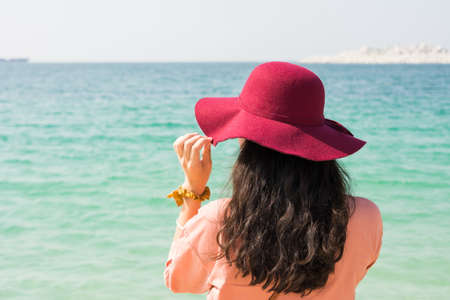Girl on the beach facing the horizon rear viewの写真素材