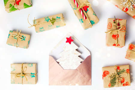 Christmas presents and decorations top view flat
