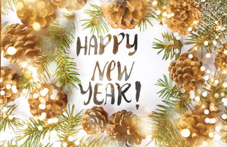 Happy New Year card with pine cones and festive background