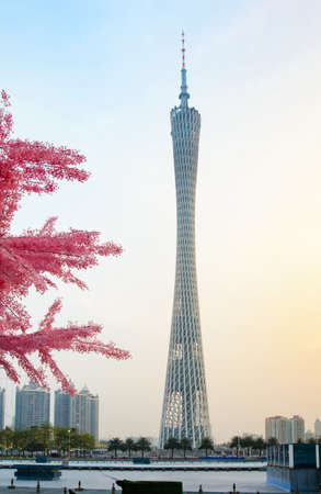 Guangzhou Canton tower at sunset, Guangdong province, Chinaのeditorial素材