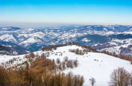 Snow covered mountain landscape and clear blue sky