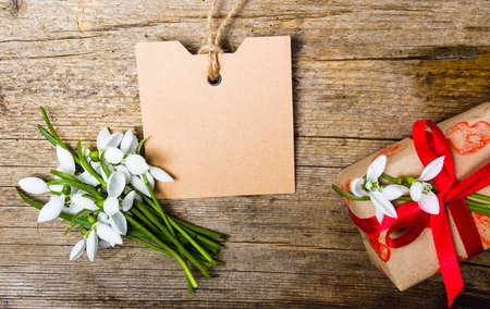 Present box with snowdrop flowers and an empty note cardの写真素材