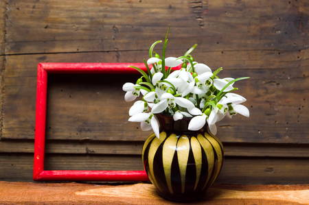 Snowdrop flowers in a vase against rustic wooden backgroundの写真素材