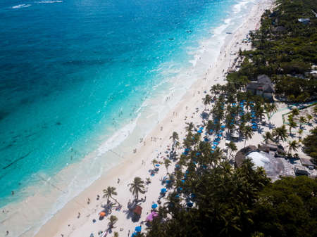 Aerial view of Pescadores beach in Tulum Mexico. North America beach resortの写真素材