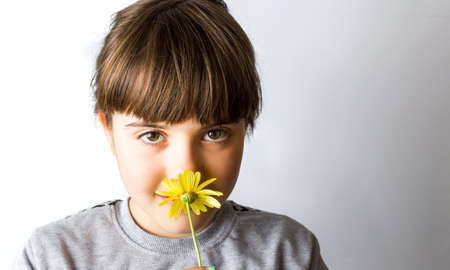 Cute little girl smelling yellow spring flowerの写真素材