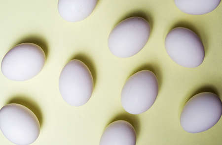 White chicken eggs on yellow background flat layの写真素材